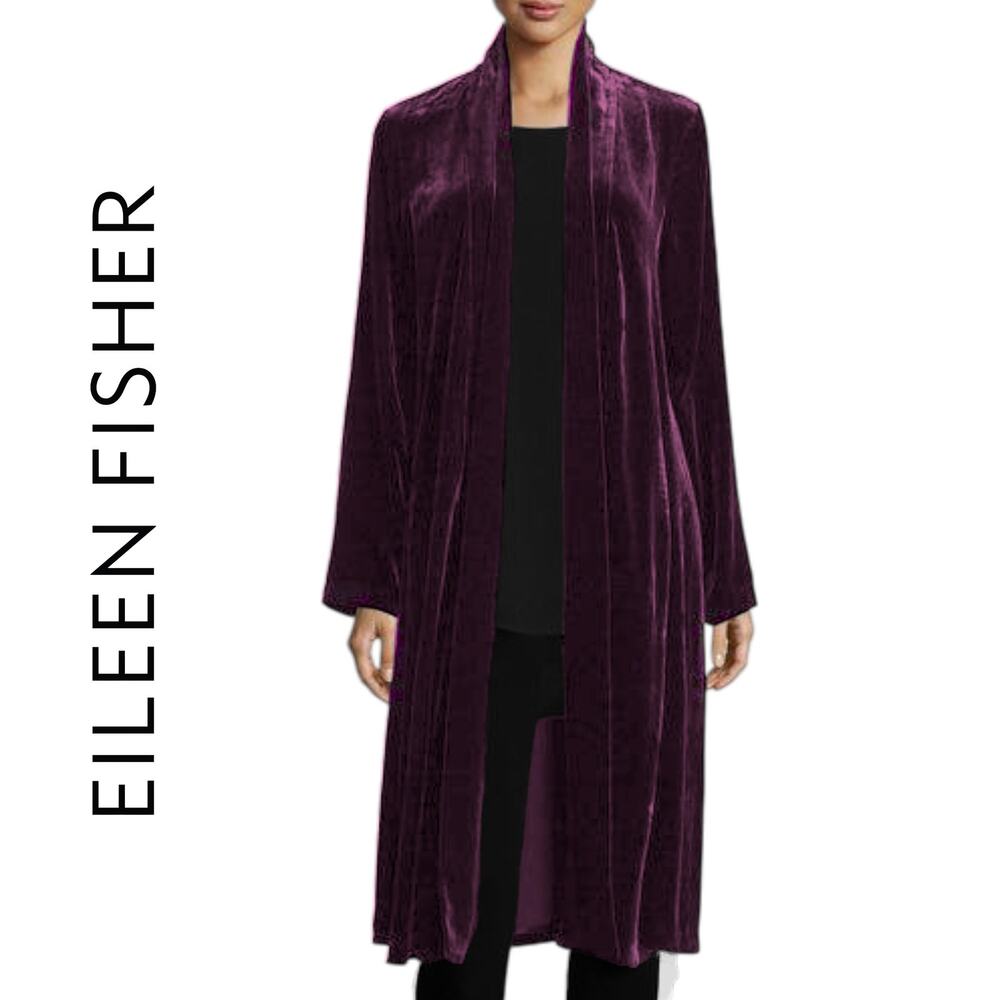 Eileen Fisher | L | Velvet Long Line Open Front Kimono Jacket Duster Robe Coat
